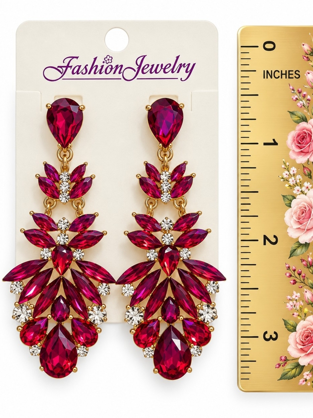 Fashion Jewelry Gold-Tone Fuchsia Crystal Teardrop Statement Chandelier Earrings